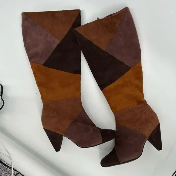 Suede Colorblock Pattern Boots Size 9 Wide Calf Knee High Heeled Cato Comfort Es - Picture 2 of 15